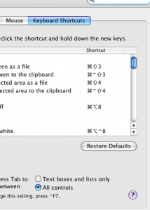 Screenshot of Apple System Preferences, Keyboard and Mouse, Keyboard Shortcuts dialog box, choose All Controlls radio button