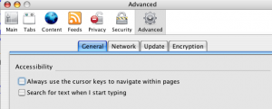 Screenshot of Firefox Advanced, General Accessibility dialog box Always use the cursor option